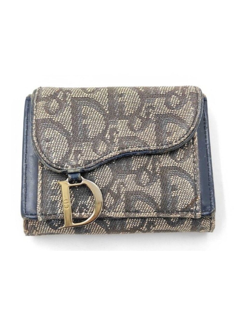 Dior Trifold Wallet Trotter Saddle Lotus Navy Canvas Leather Gold